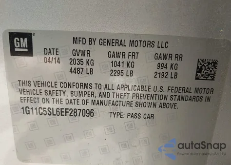 2014 Chevrolet Malibu 1Lt from USA, damaged, VIN 1G11C5SL6EF287096